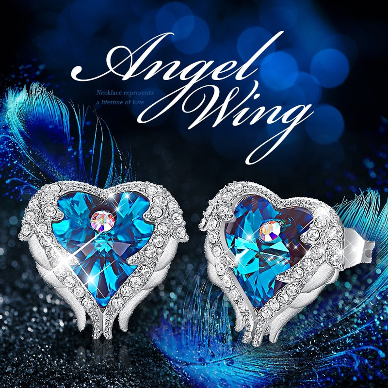 Stud Earrings Embellished with crystals Women Earrings Angel Wing Heart Earrings