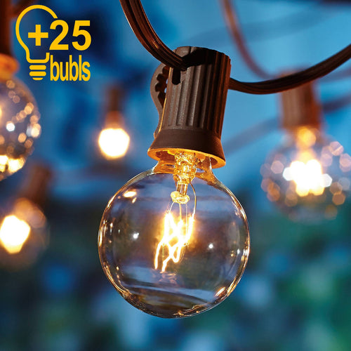 25Ft G40 Globe Bulb String Lights With 25 Clear Ball Vintage Bulbs Indoor/Outdoor Hanging Umbrella Patio String Lighting