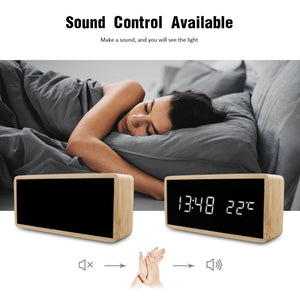 Wooden Alarm Night Light Clock LED Display Mirror Temperature Digital Watch Electronic Watch