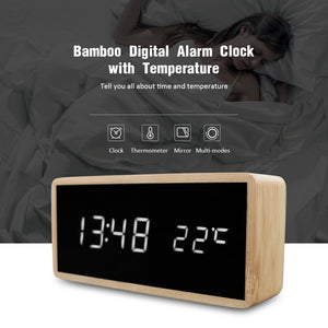 Wooden Alarm Night Light Clock LED Display Mirror Temperature Digital Watch Electronic Watch