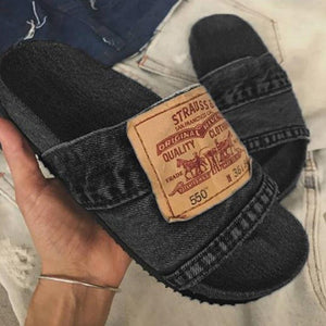 Large Size Denim Flat Slippers Women's Beach Shoes