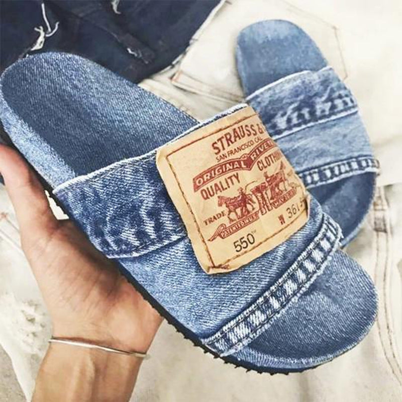 Large Size Denim Flat Slippers Women's Beach Shoes