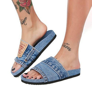 Large Size Denim Flat Slippers Women's Beach Shoes