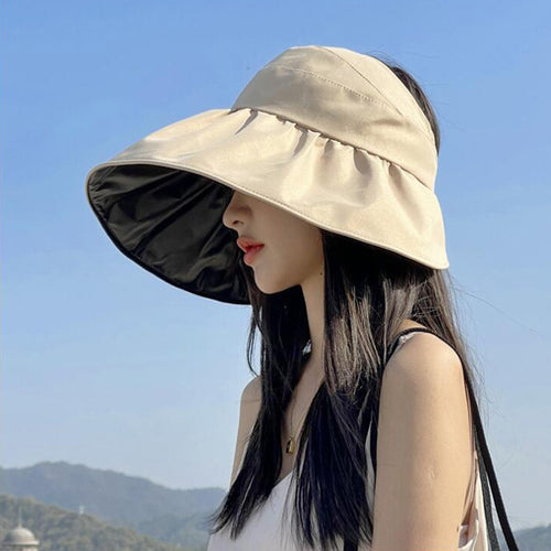Summer UV Protection Sun Hat with Pearl Adjustable Big Heads Wide-Brimmed Beach Hat