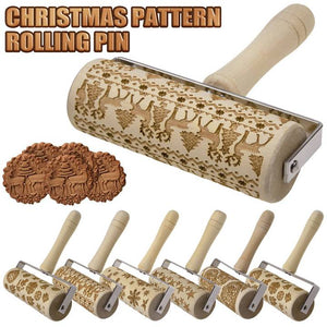 Wooden Rolling Pin Embossing Baking Cookies Biscuit Christmas Dough Roller